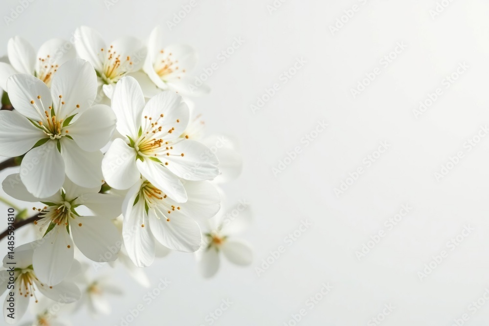 Fototapeta premium Delicate white blossoms against pure white backdrop, clean, aesthetic