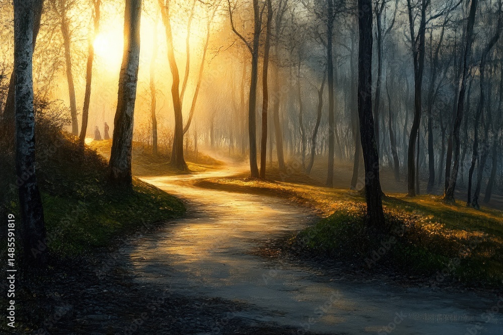 Obraz premium Winding forest path illuminated by golden sunrise light with tall bare trees and two distant figures walking along the trail