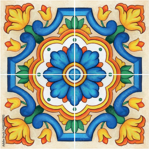 Watercolor hand drawn italian mediterranean tiles