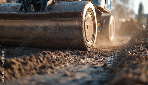 Compactor smoothing freshly laid roadbed