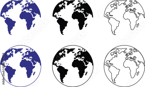 Earth globe icons set. Earth hemispheres with continents collection. world map group vector illustration.