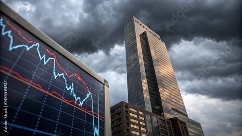 Economic risk  recession banking sector A looming skyscraper under dark clouds with a stock market chart in the foreground.