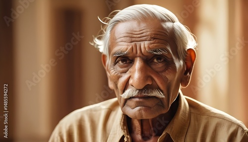 AI Generated Portrait of Elderly Indian Man with White Hair and Mustache, Wearing Shirt and Looking Confident Indoors with Luxury Background and Warm Light