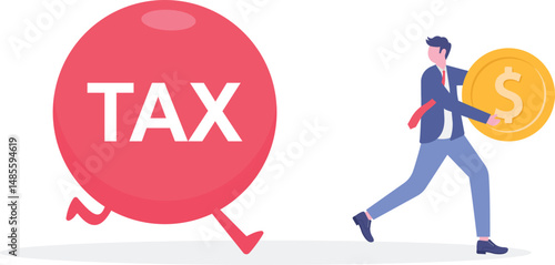 big heavy tax ball rolling down hill to depressed and panic businesswoman worker.

