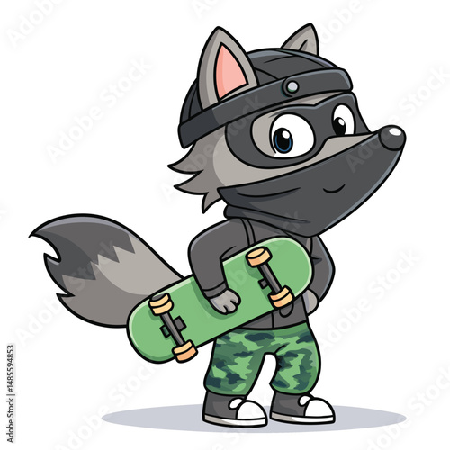 A cute chibi wolf wearing camouflage pants and a ski mask, subtly holding a skateboard.  Illustrate in a playful, cartoon style.