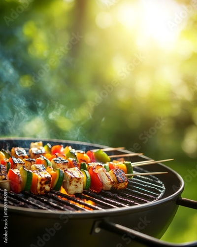 Lively vegetarian barbecue featuring colorful skewers with halloumi or tofu