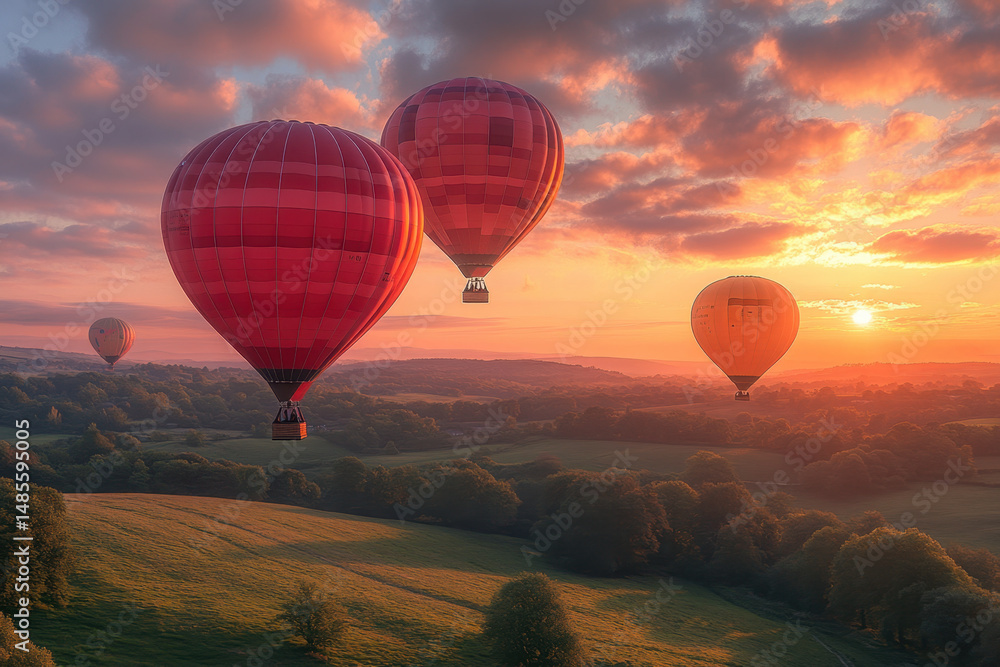 Fototapeta premium Hot air balloons floating over the countryside at sunrise.