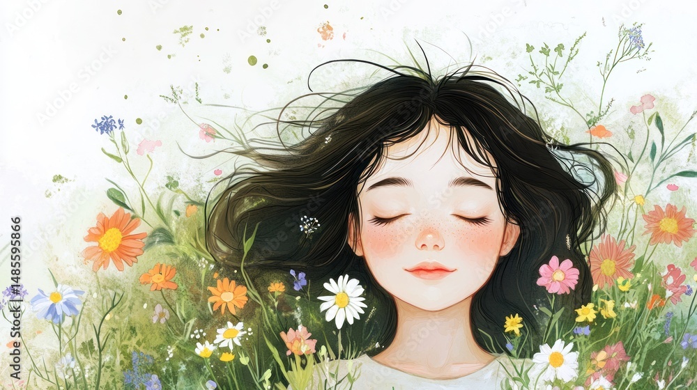 Naklejka premium Serene Dreamscape: A Girl Surrounded by Wildflowers