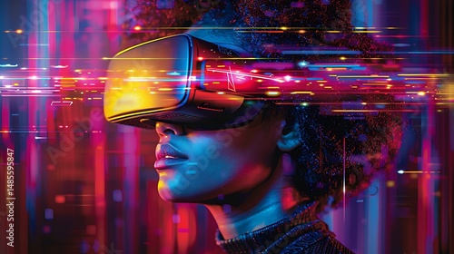 Woman Experiencing Immersive Virtual Reality Headset Technology Futuristic Neon Lights