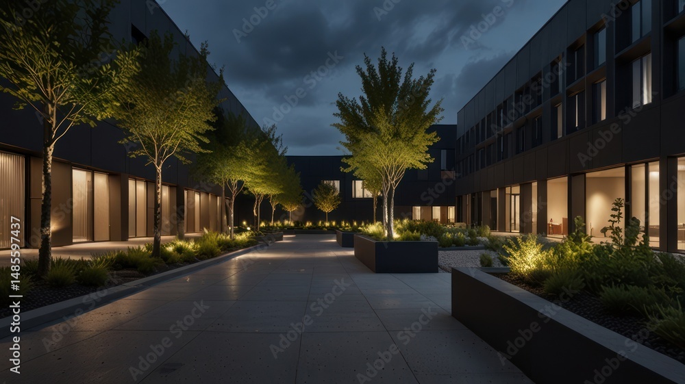 Obraz premium Modern courtyard illuminated at twilight.