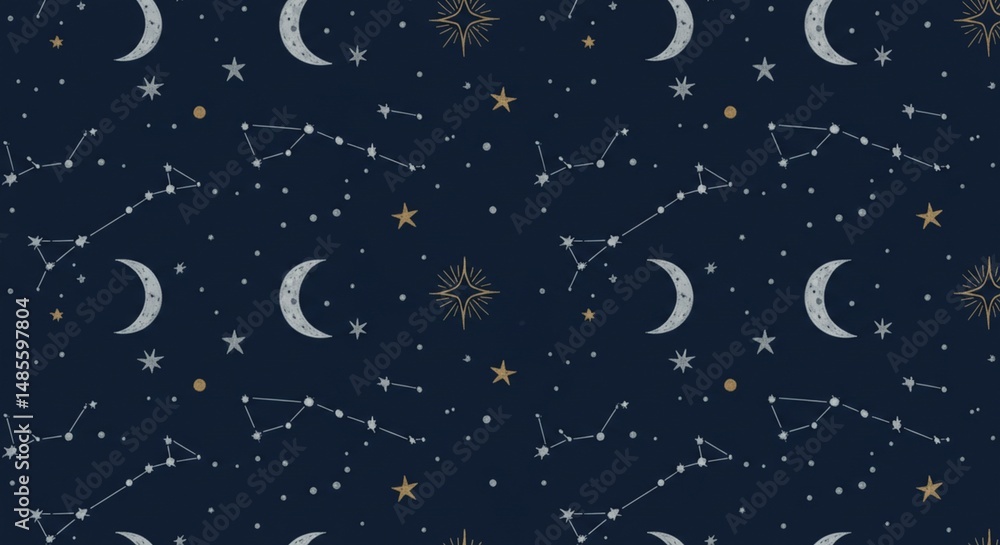 Fototapeta premium Celestial Night Sky Pattern Stars Constellations Moons Dark Blue Background Seamless Repeat Design