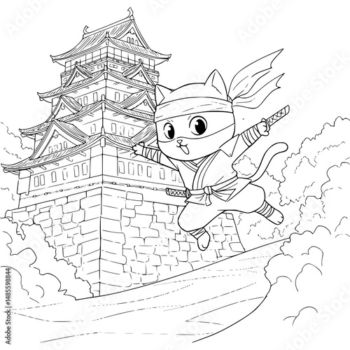 Cat ninja drawing illustration. coloring pages for kids