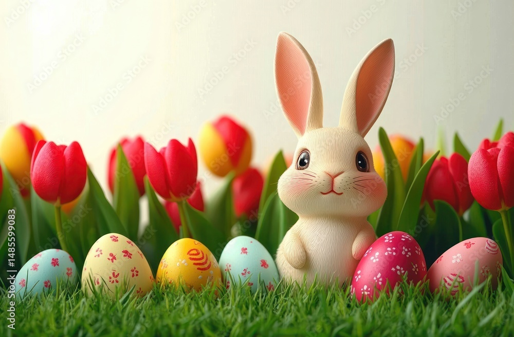 Fototapeta premium Cute white bunny figurine surrounded by colorful decorated Easter eggs and blooming red tulips on fresh green grass