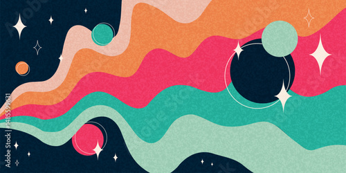 Retro space banner, abstract flat milky way striped path with planets, stars and grainy texture. Abstract cosmos wallpaper with bright colors. Vector illustration.