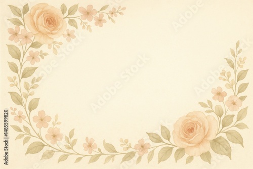 Watercolor Floral Border with Peach Roses and Small Blossoms