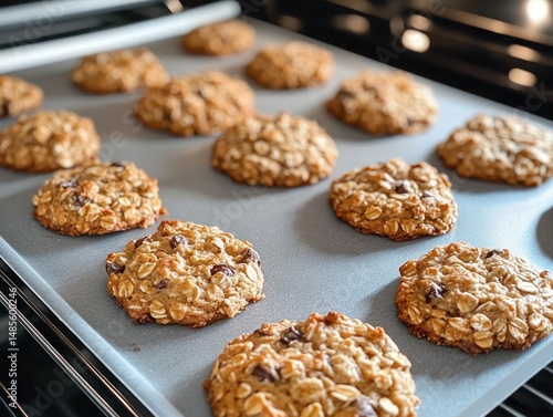 Wallpaper Mural Freshly baked oatmeal and chocolate chip cookies cooling on a baking tray inside an oven Torontodigital.ca