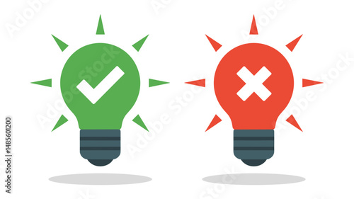 Correct vs Incorrect Light Bulb Icons – Flat Concept Design
