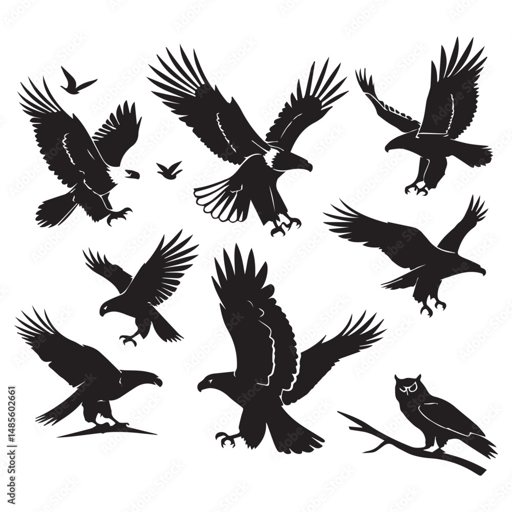 Obraz premium Set of black bird' vector icon silhouettes isolated on white background