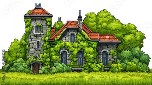 Overgrown Stone House with Red Tile Roof and Tower in Lush Green Setting