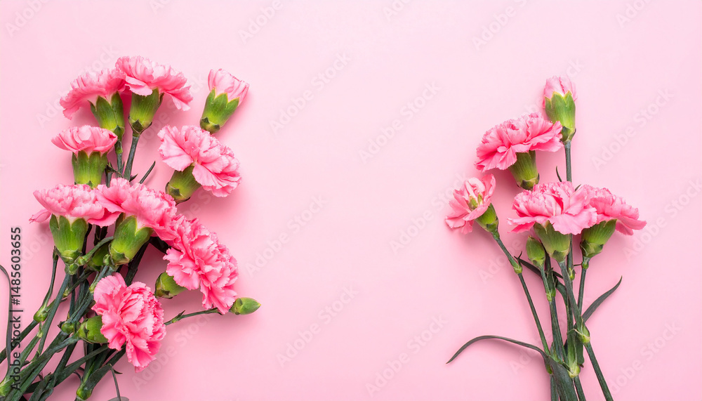 Obraz premium Beautiful bouquet of pink carnation flowers isolated on pink backdrop. Holiday card banner. Flat lay