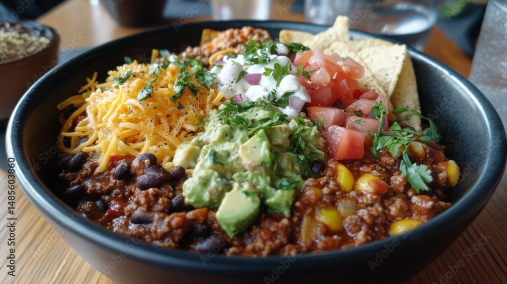 Hearty, colorful chili bowl with toppings Hearty, colorful chili bowl with toppings