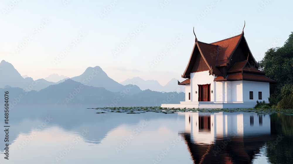 Fototapeta premium Pastel background reflection of Thai temple in lotus pond with morning haze realistic mockup nature and culture fusion