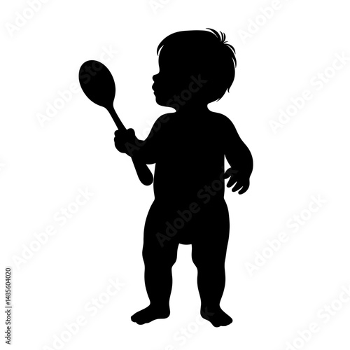 Toddler Holding Spoon Silhouette Against White Background