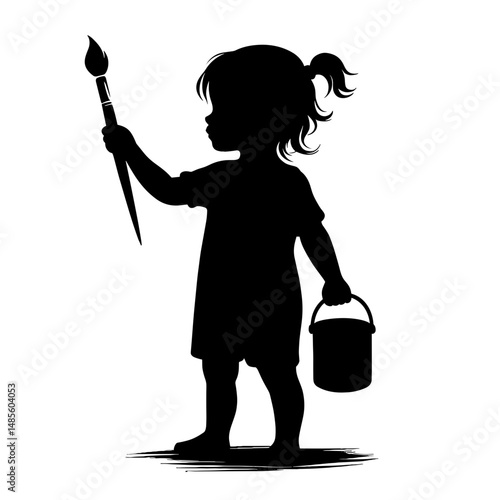 Silhouette girl painting holding bucket
