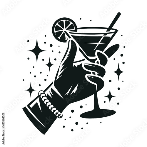 Martini glass held by elegant hand in silhouette style in black and white representing celebration