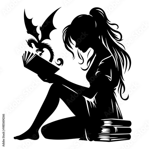 Silhouette girl reading dragon book
