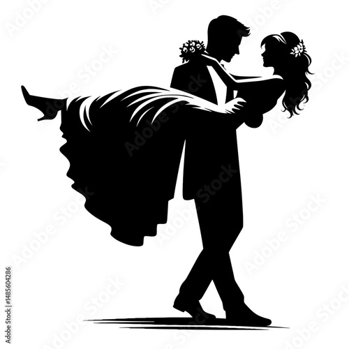 Silhouette couple dancing against white background