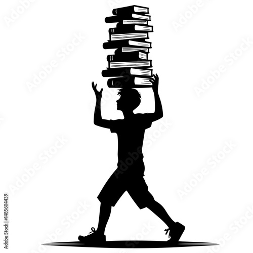 Silhouette carrying stack of books against white background