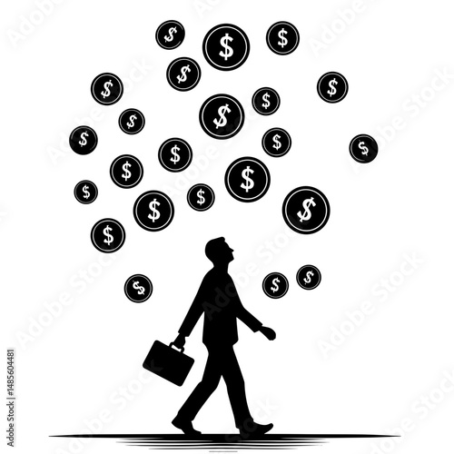 Businessman walking towards floating dollar coins