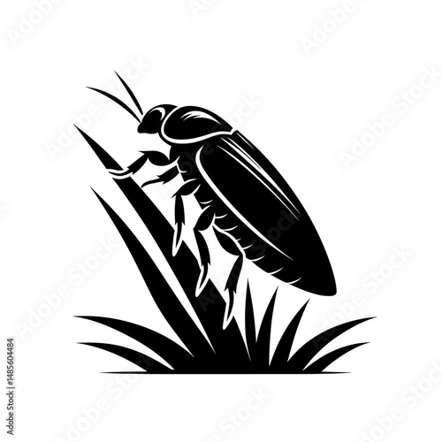 Cicada Climbing Grass in Silhouette Style in Black and White