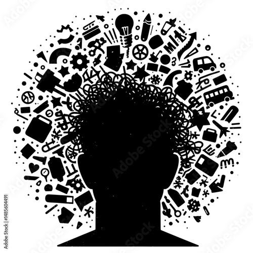 Silhouette head expelling symbols in black and white depicting creativity