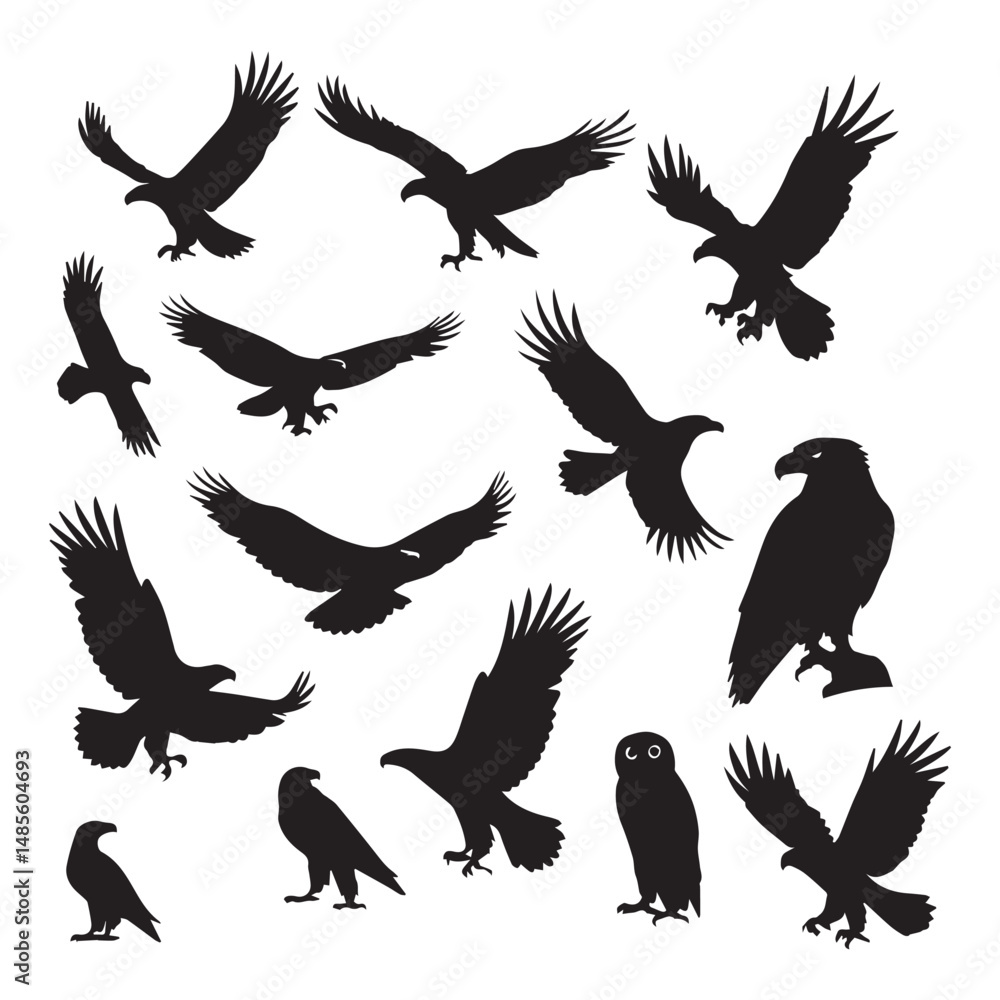 Fototapeta premium Set of black bird' vector icon silhouettes isolated on white background