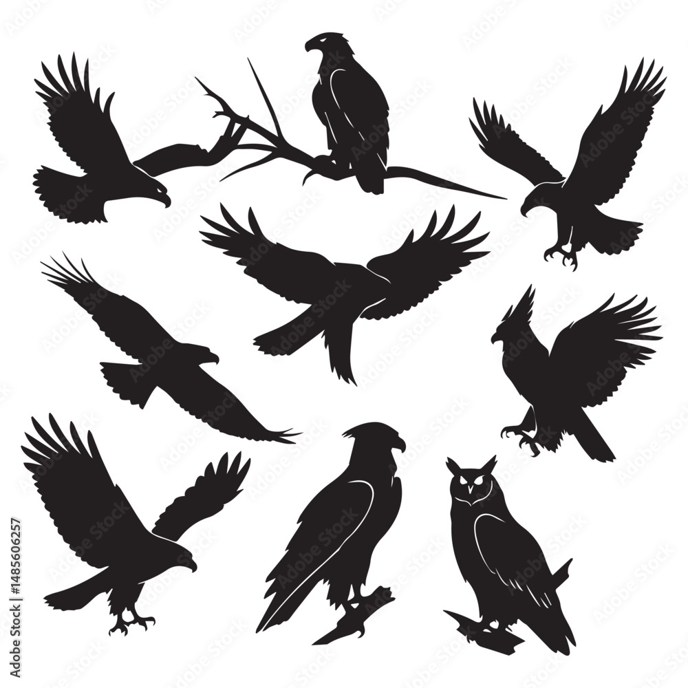 Fototapeta premium Set of black bird' vector icon silhouettes isolated on white background