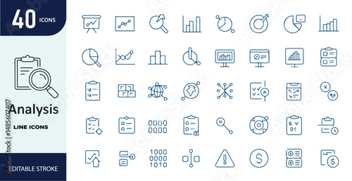 Analysis Line Icons Set – Infographic, Analytics, Charts, Report, Balance, Editable Stroke Vector Illustration