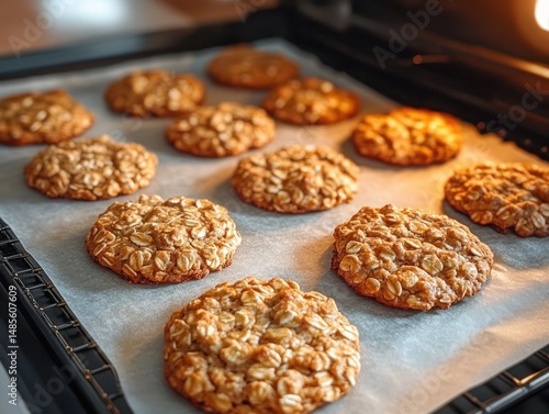 Wallpaper Mural Freshly baked oatmeal cookies cooling on parchment paper in an oven with warm golden lighting Torontodigital.ca