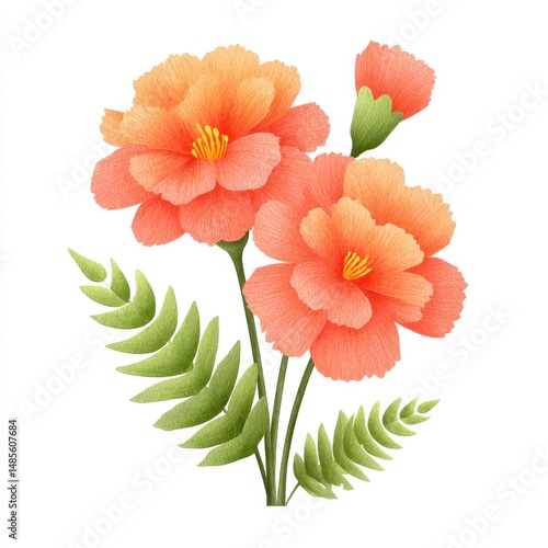 Peach Colored Flowers with Textured Petals and Green Leaves