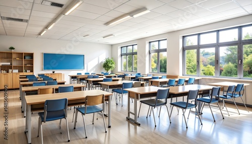 Classroom Interior with Desk Chair and Chalkboard