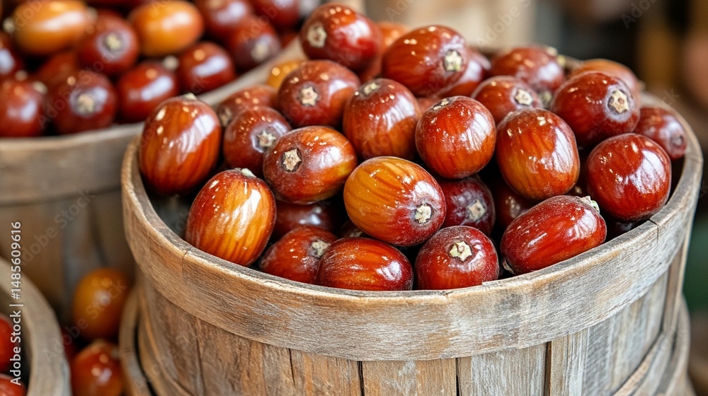 Obraz premium Wooden crates overflowing with plump, reddish-brown fruits