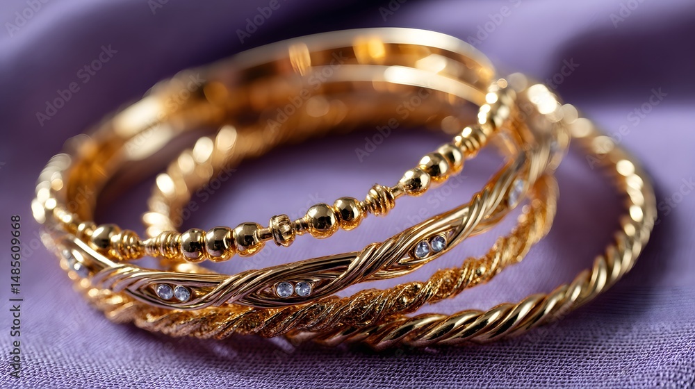 Fototapeta premium A stack of three ornate gold bangles, each with a different texture, is featured on a soft purple background, sparkling with light.