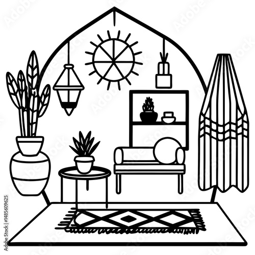 Boho Living Room Silhouette – Black Vector on White