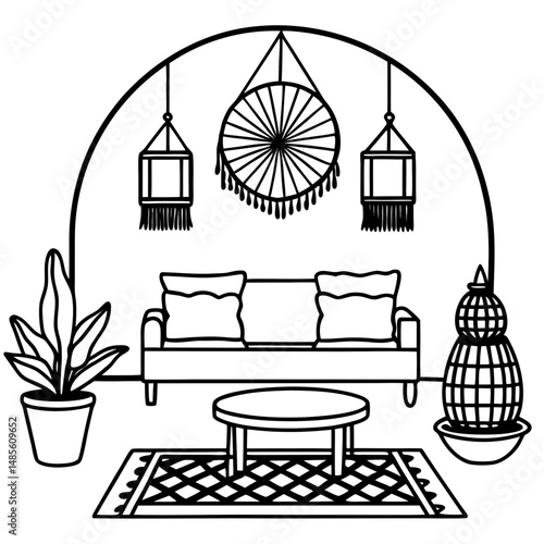 Boho Living Room Silhouette – Black Vector on White