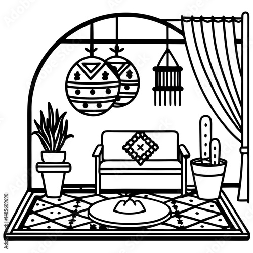Boho Living Room Silhouette – Black Vector on White
