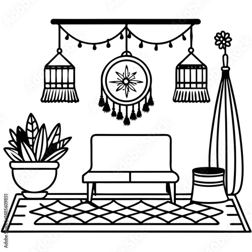 Boho Living Room Silhouette – Black Vector on White