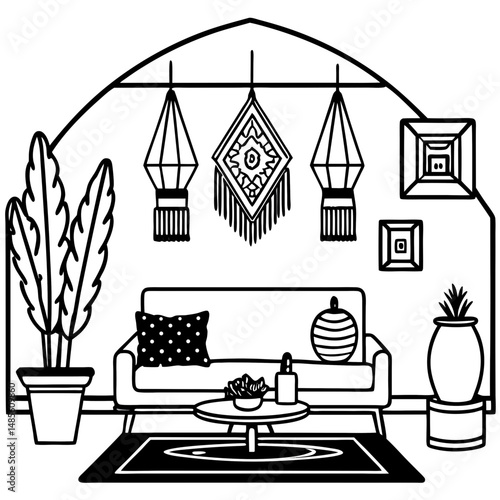 Boho Living Room Silhouette – Black Vector on White