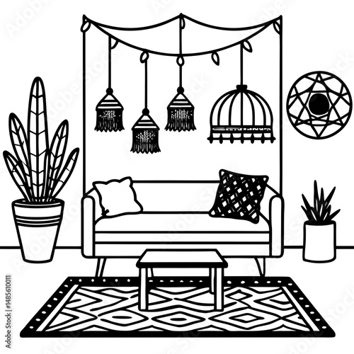 Boho Living Room Silhouette – Black Vector on White