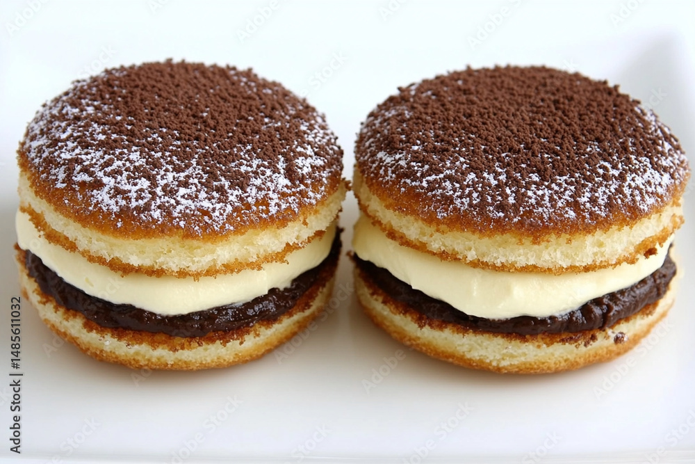 Delicious cream-filled buns served on a white plate showcasing a delightful dessert experience Delicious cream-filled buns served on a white plate showcasing a delightful dessert experience